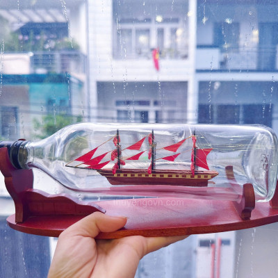 Thuyền chai trang trí, thuyền trong chai SQUARE DẠNG NẰM, mô hình thuyền gỗ phong thủy, hàng chính hãng