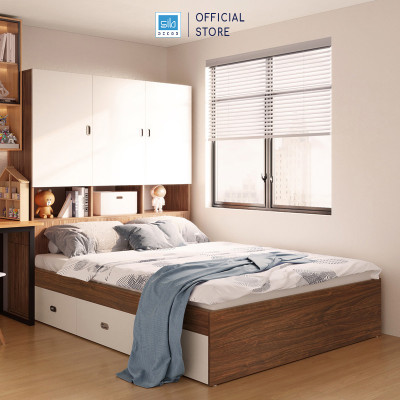 Giường Ngủ Liền Tủ Quần Áo Tích Hợp Kệ Đầu Giường Thông Minh Màu Walnut Phối Trắng SIB Decor GN03