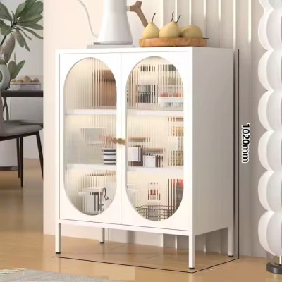 Tủ bếp hiện đại Bắc Âu Phòng ăn Phòng khách Tủ bếp màu trắng đen Cửa cong đôi trong suốt Tủ đựng đồ bằng thép