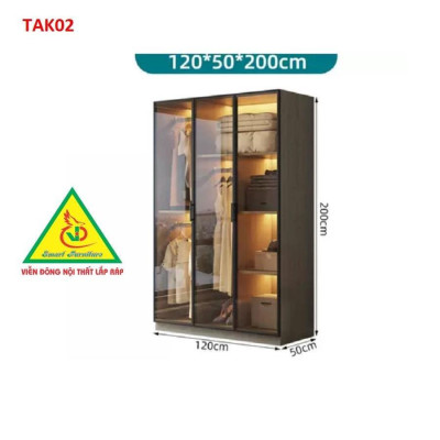 Tủ quần áo gỗ MDF cánh kính cường lực khung nhôm TAK03A - Nội thất lắp ráp Viendong Adv