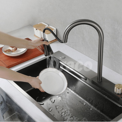 Bồn Rửa Chén 1 Hố Kèm Vòi Rút Draco S1176NXV Inox 304 Phủ Nano Cao Cấp Màu Xám