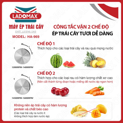 Máy ép trái cây công nghiệp công suất lớn 1860W Ladomax HA-969 nắp kháng vỡ, vòi xoay 2 chiều chống rỉ, ép kiệt bã, có linh kiện thay, chuyên dùng kinh doanh nước ép-Hàng chính hãng