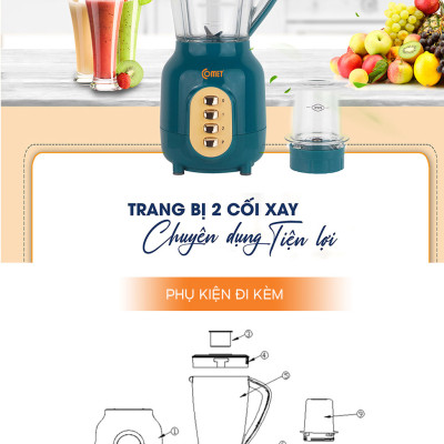 Máy Xay Sinh Tố Comet CM9952 – 450W, Cối Nhựa Kháng Vỡ 1.5L, Lưỡi Dao Inox Sắc Bén - Hàng chính hãng