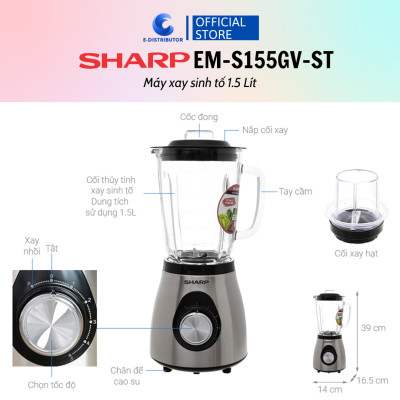 Máy xay sinh tố Sharp EM-S155GV-ST/EM-S154PV-WH - Hàng chính hãng - Bảo Hành 6 Tháng