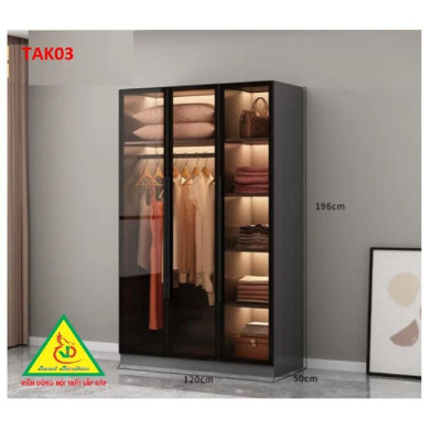 Tủ quần áo gỗ MDF cánh kính cường lực khung nhôm TAK03A - Nội thất lắp ráp Viendong Adv