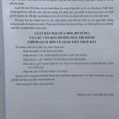 Sách Luật Đất Đai sửa đổi, bổ sung và Các Văn Bản Hướng Dẫn Thi Hành – Chính Sách Mới Về Giảm Tiền Thuê Đất - V2543D