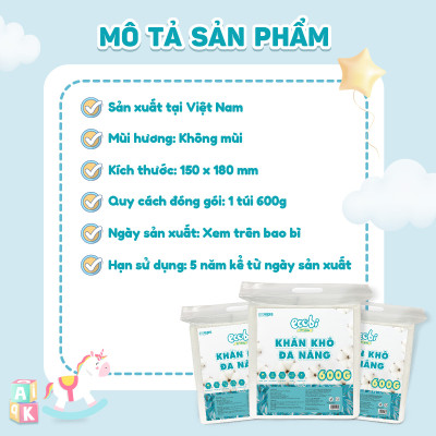 Combo 03 túi Khăn khô đa năng EcoWipes cho bé 600/900G không chất huỳnh quang không mùi không parabens