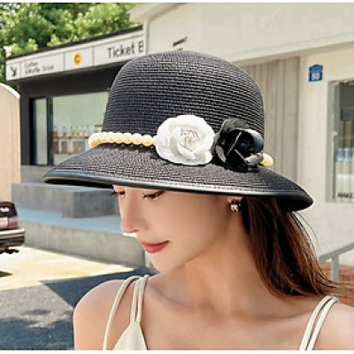Mũ rộng vành nón đi biển chống nắng gắn hoa voan đen trắng dây đai ngọc trai nhân tạo thời trang Hàn Quốc dona25073102