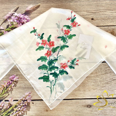 Khăn Vuông Lụa Tơ Tằm Vẽ Tay Hoa Mugunghwa Hàn Quốc, Quà Tặng Người Nước Ngoài