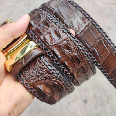Thắt lưng da cá sấu nam đan viền thủ công rất đẹp! N53N_V (mặt vàng)
