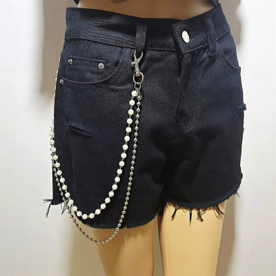 Xích quần jeans bi hai lớp giả ngọc trai dây chuyền gợi cảm thời trang móc khóa dây thắt lưng hot trend phong cách Âu Mỹ