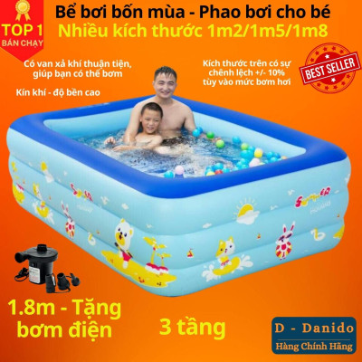 Bể bơi bơm hơi trẻ em chính hãng D Danido, Phao bơi cho bé 1.2m/1.5m/1.8m chất lượng, bền đẹp, 2 tầng - 3 tầng, dày dặn, chống trượt, Bể bơi cho bé, Hồ bơi nhân tạo