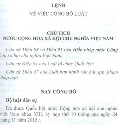 Bộ Luật Dân Sự  Nước Cộng Hòa Xã Hội Chủ Nghĩa Việt Nam (Có Hiệu Lực Thi Hành Từ Ngày 01/01/2017)