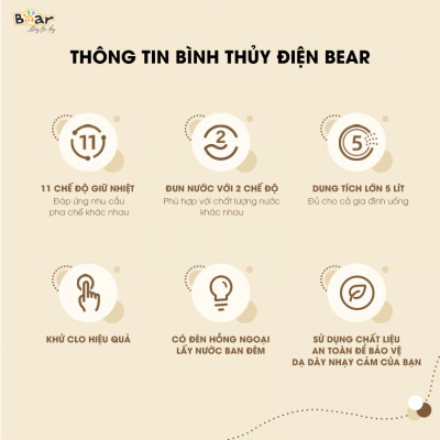Bình Thủy Điện Giữ Nhiệt Thông Minh Bear SB-BTD5L Khử Clo Dung Tích 5 Lít Công Suất 1350 W - Hàng Chính Hãng
