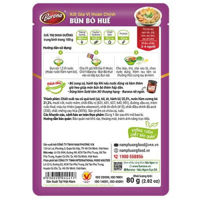 Xốt Gia Vị Hoàn Chỉnh Barona Bún Bò Huế 80g, combo 3 gói TẶNG 1 hũ Sa tế Tôm XO Thượng hạng Barona 100g