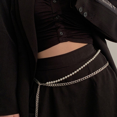 Thắt lưng xích ngọc trai belt váy thả sợi dây kép unisex cá tính nam nữ điểm nhấn cho set trang phục