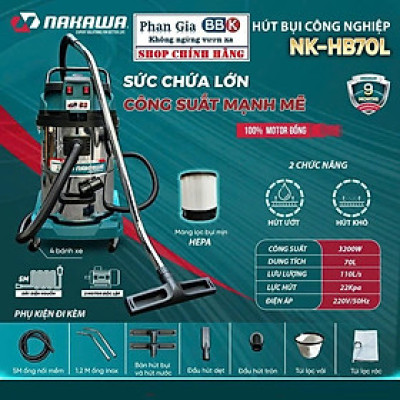 Hàng chính hãƞg, Máy Hút Bụi Công Nghiệp -Văn Phòng-Xưởng NAKAWA 80 Lít, Công Suất 4800W, Hàng chính hãƞg, BH 1 năm