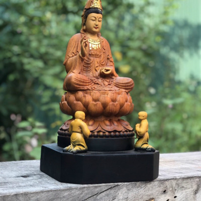 Nhất tâm niệm phật Tượng phật bà quan âm bồ tát bằng gỗ hương đá tô làm mầu giả cổ kt 35×20×18cm