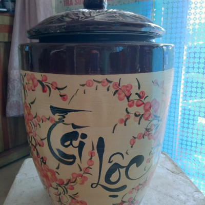 Hũ đựng gạo tài lộc nắp nhọn gốm sứ Bát Tràng loại 20Kg