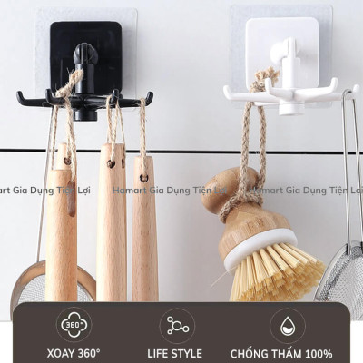 Giá Treo Đồ Nhà Bếp 6 Móc Xoay 360° Treo Dụng Cụ Tắm Đa Năng Kèm Miếng Dán Tường Siêu Dính