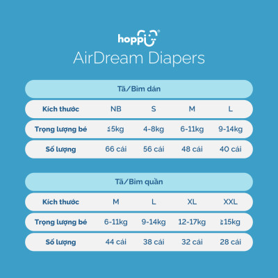 Thùng 4 Gói Tã / bỉm quần Hoppi AirDream Diaper số lượng M 176 / L 152 / XL 128 / XXL 112 miếng