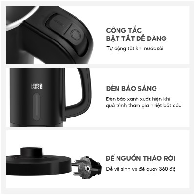 Ấm Siêu Tốc Mini Lebenlang LBL2318, 800ml, Inox, Công Suất 1000W, Tự Ngắt, Đèn Báo, Nhỏ Gọn - Hàng chính hãng