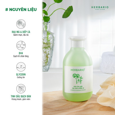 Bộ 3 chăm sóc da mụn cơ bản rau má & Diếp cá Herbario: Sữa rửa măt 200ml + Mặt nạ 30ml + Tinh chất 30ml