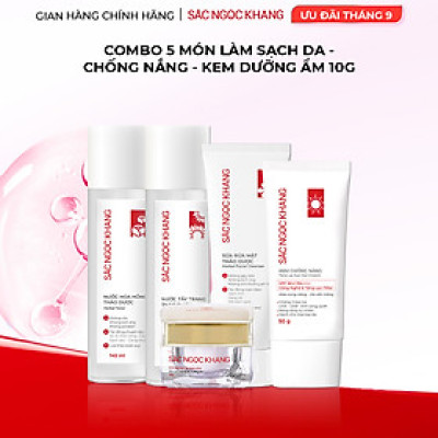 Combo 5 món Nước tẩy trang 145ml + Sữa rửa mặt 100g + Nước hoa hồng 145ml + Kem chống nắng 50g + Kem dưỡng da ban đêm 10g [Sắc Ngọc Khang official]