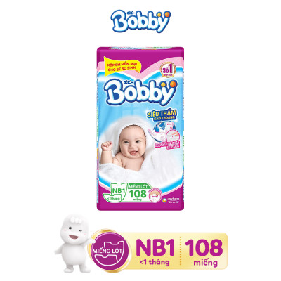 Combo 1 Miếng lót siêu thấm Bobby Newborn 1 - 108 miếng và 1 Gói khăn ướt trẻ em Bobby care không hương 100 tờ