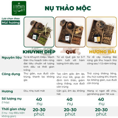 Nhang Nụ Thảo Mộc Mix Quế Khuynh Diệp Hương Bài Sạch Ít Khói Hộp 40 Nụ Yên Tự Nhiên Không Hóa Chất