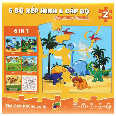 Bộ 6 Tranh Xếp Hình 6 Cấp Độ 17 x 17 cm - Thế Giới Khủng Long - Minh Châu C6-001
