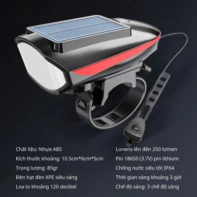 Đèn Xe Đạp Năng Lượng Mặt Trời Có Sạc Pin Siêu Sáng, Còi Báo , Chống Thấm Nước Loại Cao Cấp