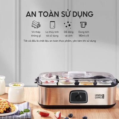 Máy làm sữa chua Lebenlang LBL9139, máy ủ sữa chua công suất 20W, dung tích 180ml, gồm 8 lọ thủy tinh, bảo hành 2 năm - hàng chính hãng