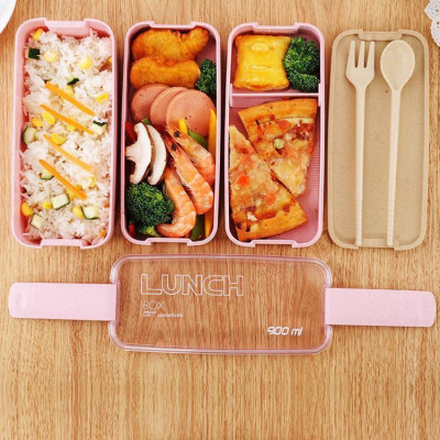 Hộp Cơm 3 Tầng Lúa Mạch Lunch Box + Tặng Kèm Muỗng, Nĩa