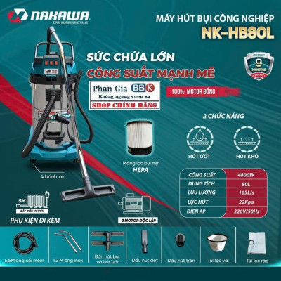 Hàng chính hãƞg, Máy Hút Bụi Công Nghiệp -Văn Phòng-Xưởng NAKAWA 80 Lít, Công Suất 4800W, Hàng chính hãƞg, BH 1 năm