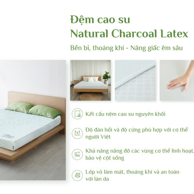 Nệm cao su thiên nhiên than hoạt tính cao cấp Everon Natural Charcoal Latex Cool- Khử mùi, kháng khuẩn - Bảo hành 15 năm.