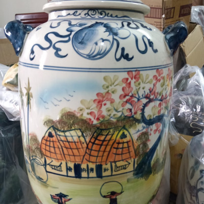Hũ đựng rượu gạo vẽ phong cảnh Bát Tràng loại 15L (hoa văn ngẫu nhiên)