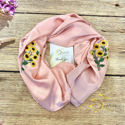 Khăn Lụa Thêu Tay Hoa Hướng Dương 200x55cm, Silk Hand Embroidery made by SenSilk, Lụa Tơ Tằm Cao Cấp Thêu Thủ Công