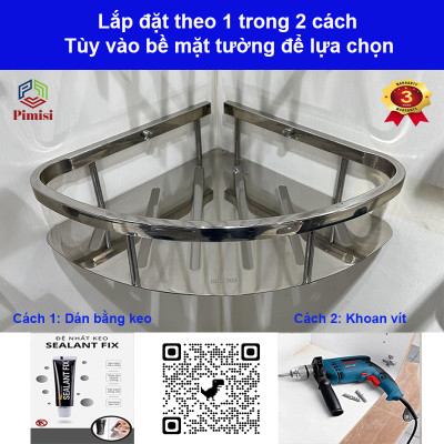 Kệ góc nhà tắm để đồ gắn tường trong phòng vệ sinh không cần khoan Pimisi inox 304 hình tam giác đựng đồ trong phòng tắm hoặc kệ nhà bếp 1 - 2 tầng thông minh dán tường bằng keo siêu chắc hoặc khoan đinh vít | Hàng chính hãng