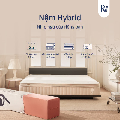 Nệm Hybrid Ru9 25cm - Công Nghệ Mới Kết Hợp Túi Lò Xo Và Foam | Tùy Chọn Độ Êm | 4 Kích Thước