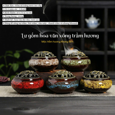 Lư gốm sứ Hoa Văn Xông đốt nụ vân mây nhang Trầm Hương kèm đế lót bông - Mộc Trầm Hương Khang Bình