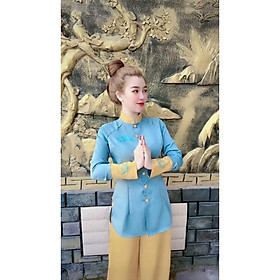 Đồ Lam đi chùa thiết kế cao cấp sj22 thêu SEN BỌC NÚT VẢI thủ công