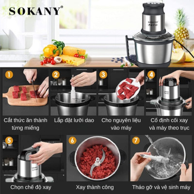 Máy xay thịt, máy xay tói ớt đa năng công suất mạnh mẽ 800W SOKANY SK-7028, dung tích 4L, cối INOX 304 - HÀNG CHÍNH HÃNG