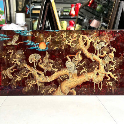 Tranh sơn mài - TÙNG HẠC DIÊN NIÊN - Đắp nổi size 60x120 cm - Ý Nghĩa Phong Thủy