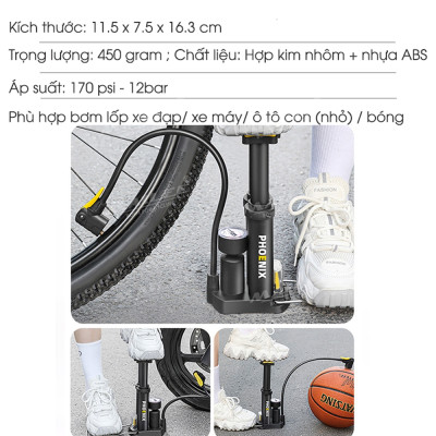 Bơm Chân Mini Di Động FP-9809E cho Xe máy/ xe đạp/ xe ô tô, ống đôi, 170 psi, vỏ nhựa ABS, lõi bơm nhôm, van đa năng 2 lỗ đa dụng - Mai Lee