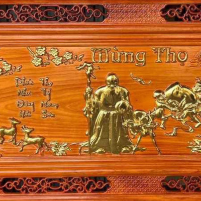 Tranh treo tường  mừng thọ bằng gỗ hương đỏ rác vàng cao cấp