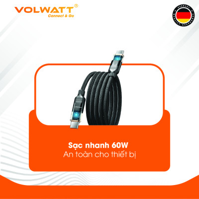 Cáp sạc nhanh 60W Volwatt GE-A45-CC hàng chính hãng - Cáp Type-C to Type-C nam châm từ tính chống rối, có LED, truyền dữ liệu 480Mbps – BH 12 tháng