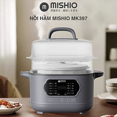 Nồi nấu chậm lòng sứ 3L Mishio MK397 kèm xửng hấp và 4 thố sứ tiện lợi không lo cháy khét hay bong tróc chống dính - Hàng chính hãng