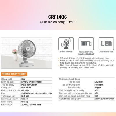 Quạt Sạc Tích Điện Comet Cho Xe Hơi, Văn Phòng CRF1406 - Hàng Chính Hãng - Bảo Hành 12 Tháng