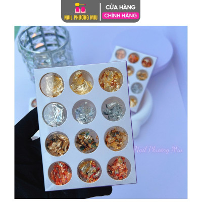 Set Giấy Nhún Bạc Ẩn Gel Trang Trí Móng 12 Ô, 4 Tone Màu Vàng Bạc Mix, Phong Cách Nhật Hàn, Làm Nail Độc Đáo Và Sáng Tạo Nữ